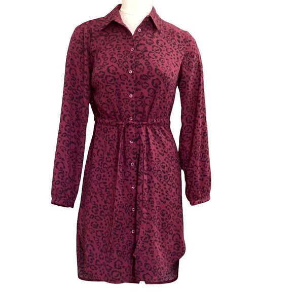 A New Day Shirt Dress S Burgundy & Black Leopard Print #29W - Picture 3 of 8